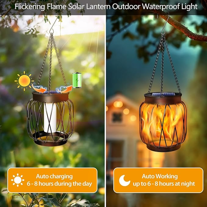 Solar Hanging Lantern Lights Outdoor Waterproof, 2 Pack Solar Flame Lantern with Hook, Metal Hanging Lanterns for Outside, Led Porch Lanterns for Patio Tree Camping Garden Decorative Lights