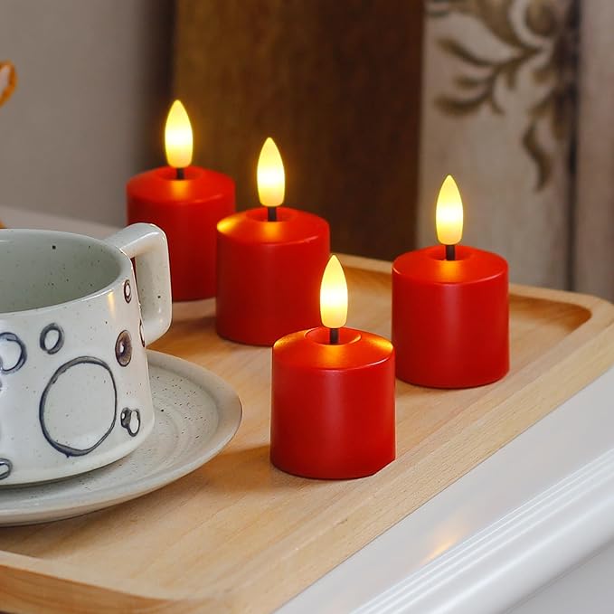Rechargeable Small Flameless Tea Light Candles with Remote Function, LED Votive 2/4/6/8 Hours Timer Red 1.5" x2.5" Mini Plastic Set of 6 Tealight (Charging Cable Included)