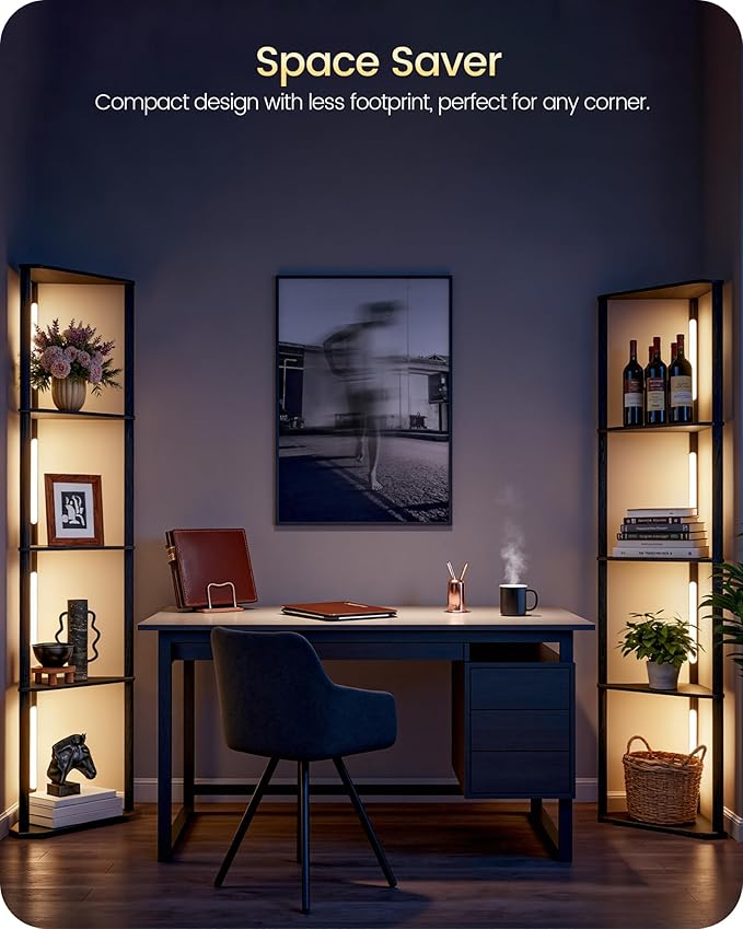 63.4” Display Shelf with Light, Modern Corner Floor Lampe with Shelves, LED Dimmable Standing Lamp with Remote for Living Room, Bedroom, Office, Adjustable CCT, Black Triangle B55LD05