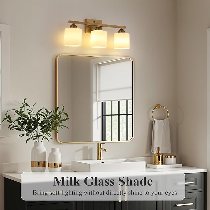 Milk Glass Vanity Lights for Bathroom, 3 Light Brass Bathroom Light Fixtures Over Mirror, Ceramic E26 Sockets Wall Mounted