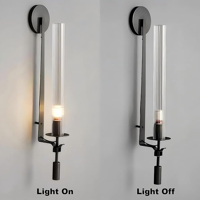 LIGHTLAND Black Wall Sconce, 28 Inch Modern Metal Glass Wall Light Fixture, Wall Lamp for Living Room Bedroom Hallway (Pack of 1)