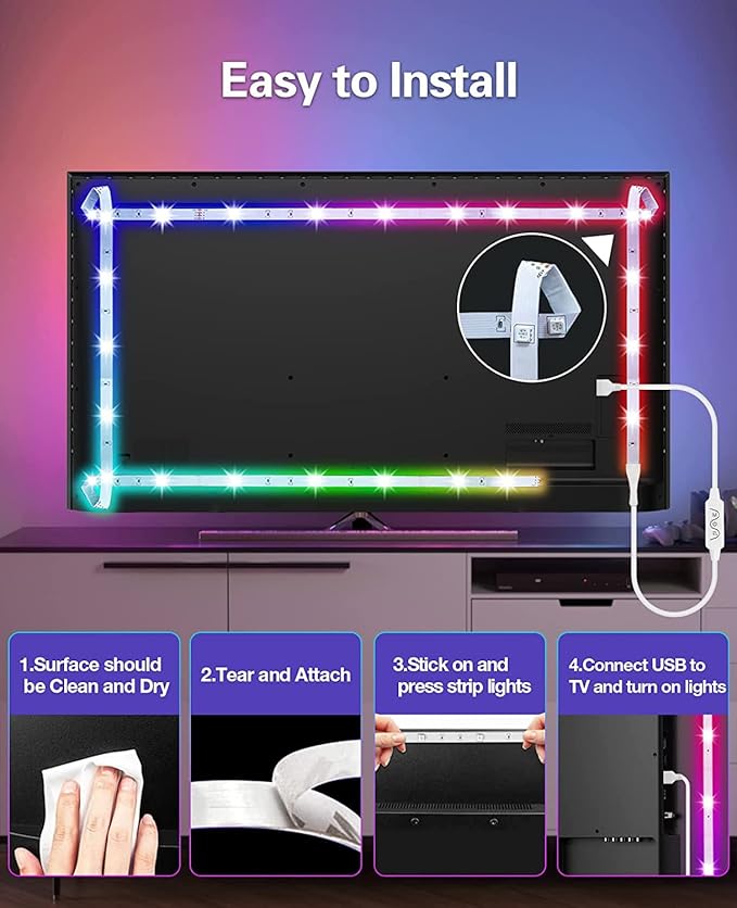 Daymeet LED Strip Lights RGBIC 16.4FT, LED Lights for TV for 55-85 inch TV Led Backlight Rainbow Color Changing Led TV Lights, USB Powered Music Sync Bluetooth APP Control with Remote for Room Bedroom