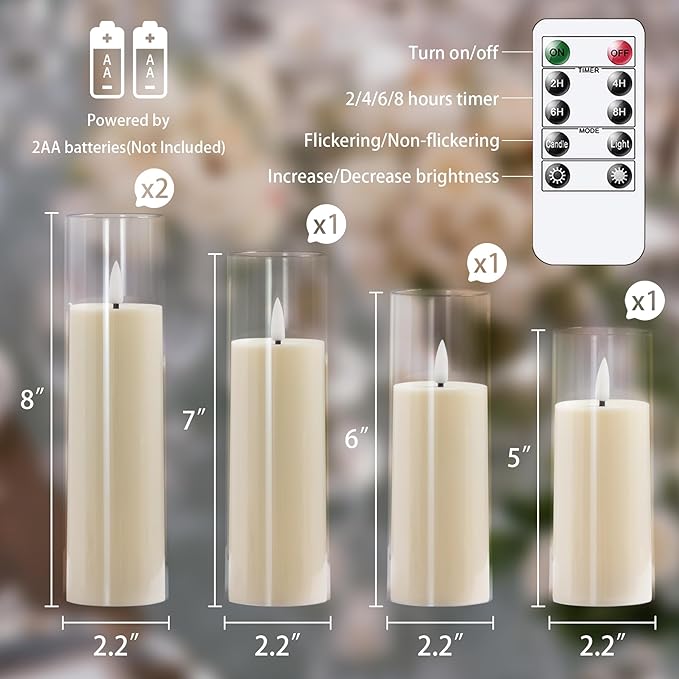 Acrylic Flameless Flickering Candles with Remote Control and Timer, Battery Operated LED Fake 2.2" x 5",6",7",8",8" Plastic Pillar Candles for Home Decor(Long-Lasting, Ivory)
