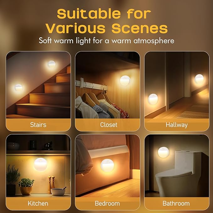 3 Pack Motion Sensor Stair Light for Indoor, Battery Operated Closet Lights, Led Stick On Puck Lighting Night Lamp, Motion Activated Lamps for Step, Cabinet, Hallway, Bathroom