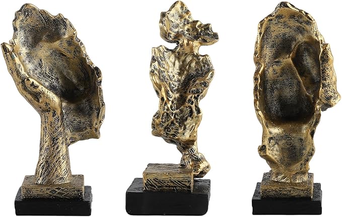 Modern Living Room Decoration - Gold Abstract Sculpture Decor for Shelves, Thinker Statues Set of 3, Resin Face Knick Knacks Home Decor for Office Bookshelf, Table, Gift for Friends