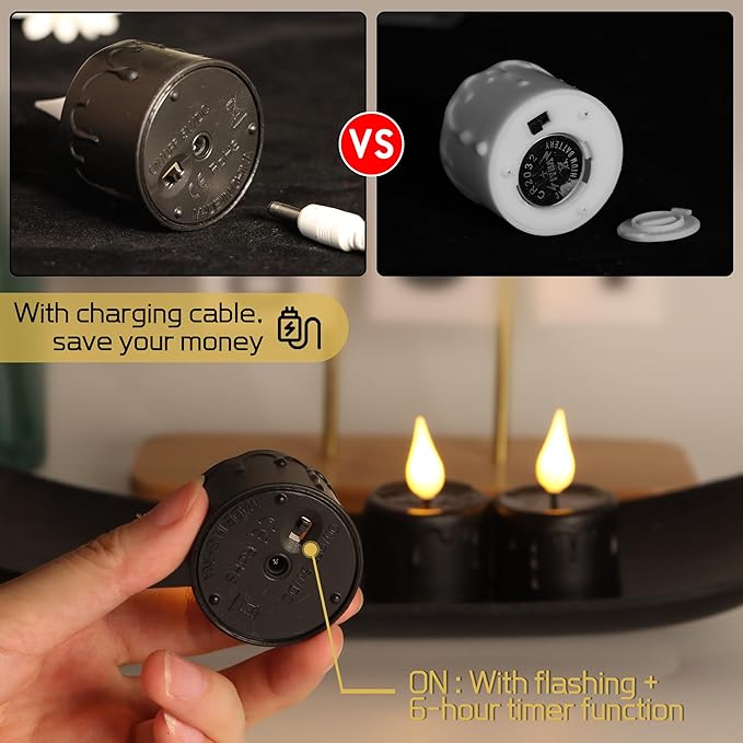 6 pcs Rechargeable Halloween Black Flameless LED Tea Light Candles Halloween Pumpkins Lights for Holiday Decor, Theme Party Decor(Black)