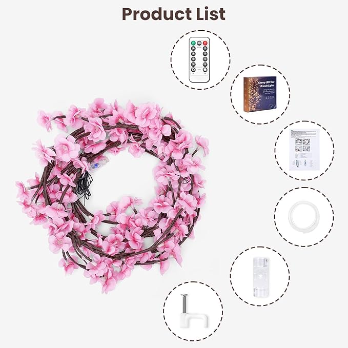 Cherry LED Tree Branch Lights for Wall, Cherry Blossom Willow Vine Twig Decor Garland with 96 LED Lights and Remote,8 Lighting Modes,Christmas Decorations Indoor for Home Wall Door Window (71inch)
