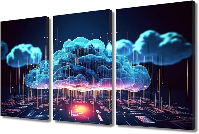 TUMOVO Modern Wall Art Multi Panel Firewall Network Security, Artificial Intelligence, Cyber Security, Cloud Managed Picture Prints on Canvas Print Art for Living Room Decoration, 36" Wx24 H