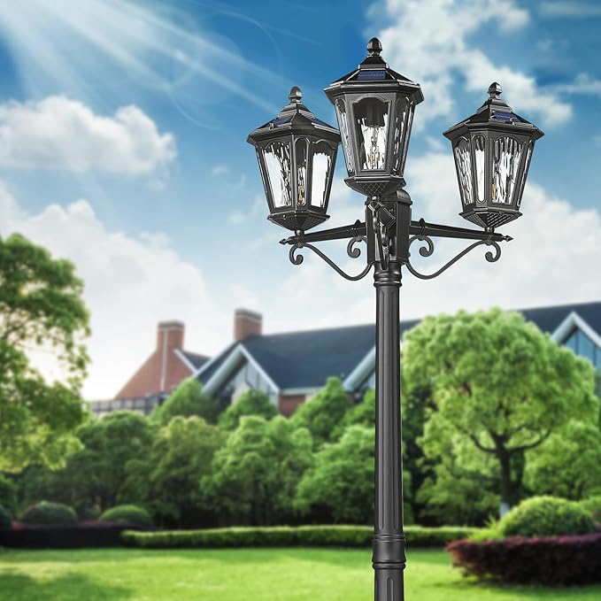 Lamp Post Lights 3-Head Outdoor Solar Post Lamp with High Posts, Dusk to Dawn Remote Control Waterproof Exterior Pillar Latern Hardwired Street Light for Patio Garden Walkway