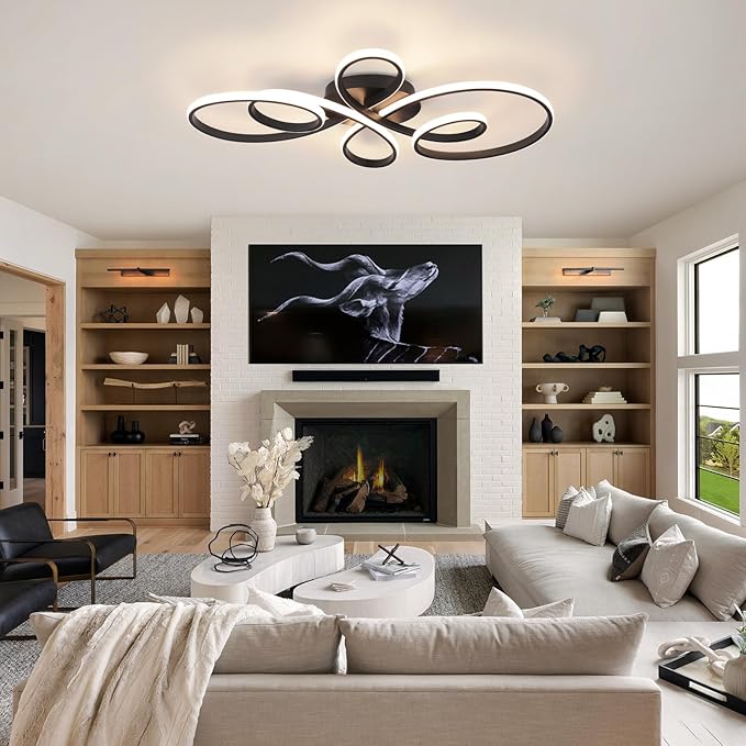 66W Modern LED Ceiling Light, Flower Flush Mount Light Fixture with Remote Control Black Dimmable Ceiling Lamp for Living Room, Bedroom, Dining Room, Hallway, Kitchen