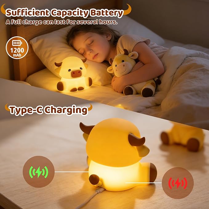 Cute Highland Cow Night Light, LED Touch Silicone Lamp for Bedroom with 7 Colors Timer and Dimmable Squishy Warm Light Night Lights, Rechargeable Animal Lamp for Bedroom Decor Birthday Gift