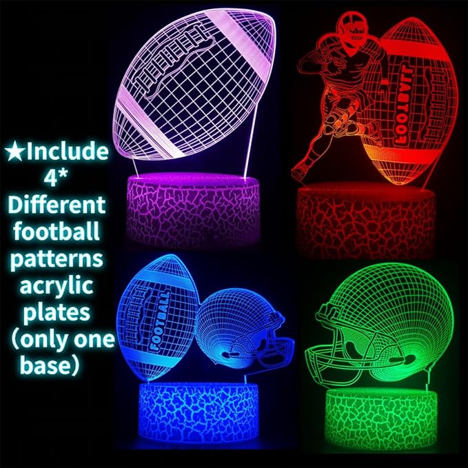 3D Night Light - Football 4 Patterns Hologram Lamp, Dimmable Remote/Smart Touch, 16 Color Changing LED, Room Decor Bedside Desk Lamp, Gift for Football Fans