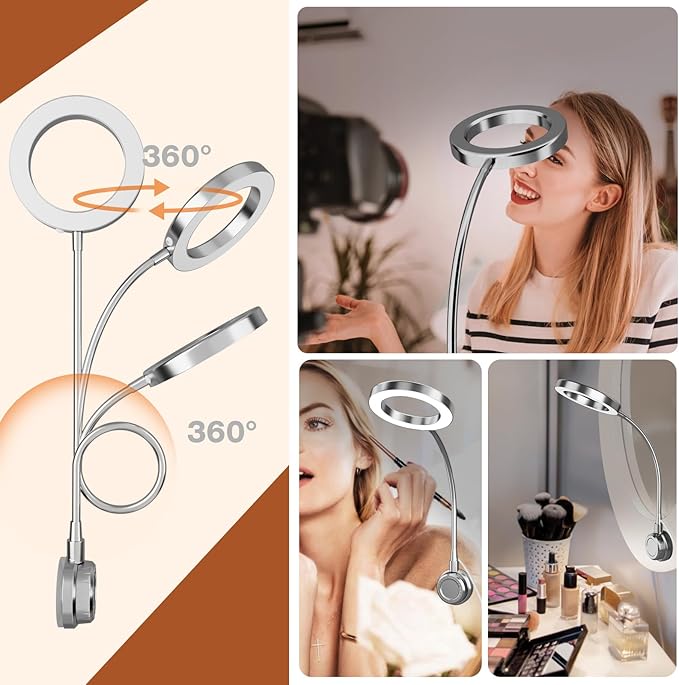 Suction Cup LED Vantiy Lights for Mirror, Flexible Gooseneck Stick on Selfie Ring Light for Makeup Vanity Table & Bathroom Mirror, 3 Color Modes & 10 Brightness, Plug in, Silver