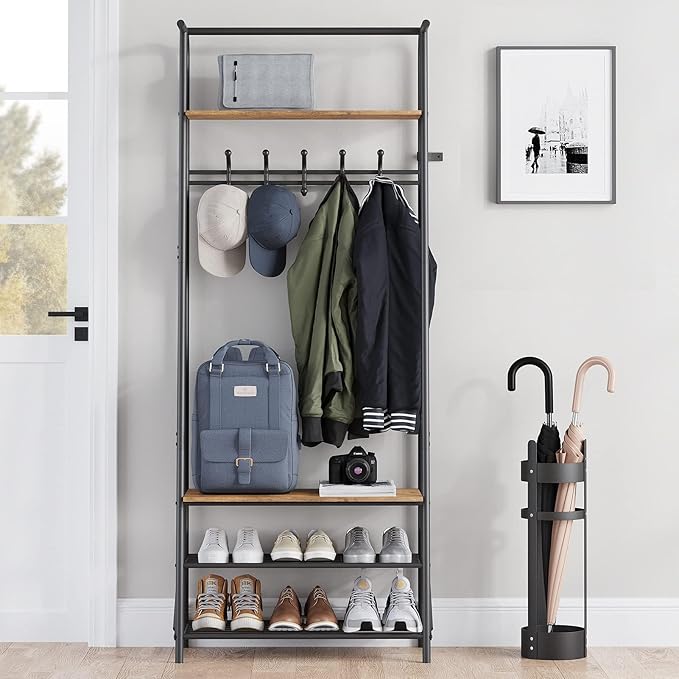 Coat Rack, Floorstanding Hall Tree with Shoe Rack, Wooden and Metal Coat Stand, Industrial Clothes Rack, for Hallway, Living Room, Bedroom, 25.2''x11.4''x70'', Rustic Brown