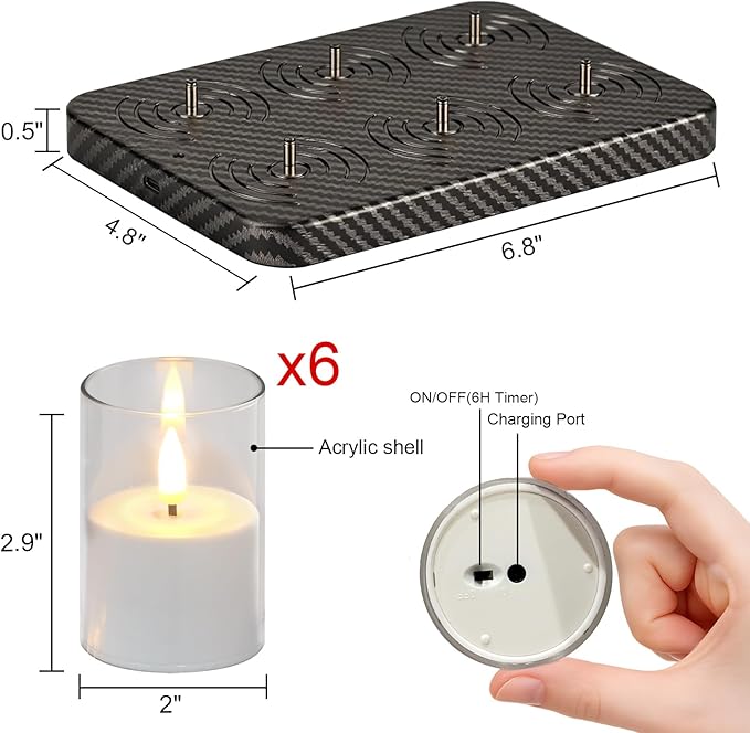 GenSwin Rechargeable Votive Candles Battery Operated, 6 Pack LED Candles with Charging Base, Acrylic Shell Tea Lights with 6H Timer for Halloween Decorations(Clear)