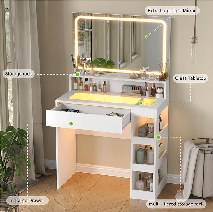 Makeup Vanity Desk with Mirror and Lights, LED Tempered Glass Top, 3 Lighting Modes Brightness Adjustable,Power Outlet,Bedroom Dressing Table, Snow White