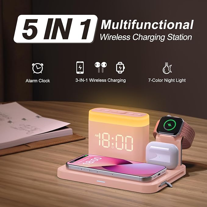ANJANK 5 in 1 Wireless Charging Station with Alarm Clock,7 Night Light & 0-100% Dimmer,Qi Mag-Safe Charger Stand for Apple Devices - for iPhone 17 16 15 14 13 12 Pro Max Plus Air,Apple Watch,Airpods