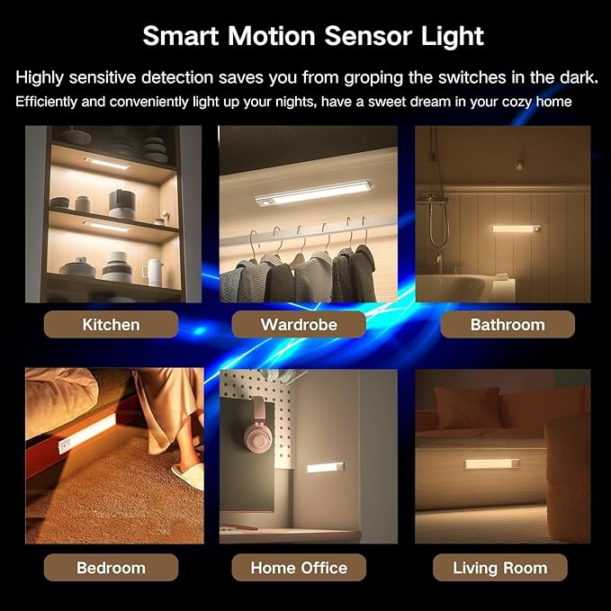 Motion Sensor Under Cabinet Lighting-Magnetic Rechargeable Closet Lights for Kitchen,Stairs,Wardrobe | 3-Color Dimmable LED Under Counter Lighting | Pro Battery Upgrade (2, 12 inch)