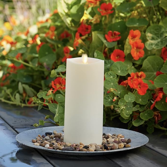 Luminara Outdoor Flameless LED Ivory Candle Melted Edge 3.75" x 9" Real Moving Flame Battery Operated Timer Plastic Weather-Resistant
