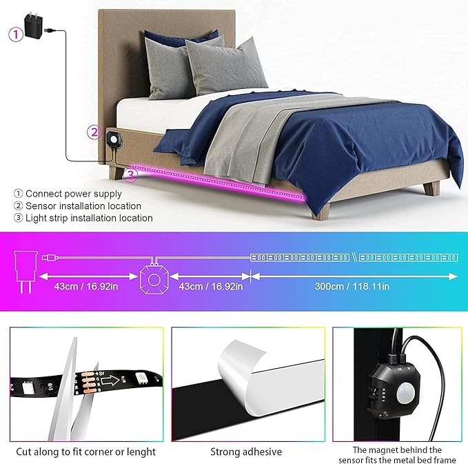 Motion Activated Under Bed Lights, 9.84ft 5050 RGB Color Changing LED Strip Lights with Sensor, APP Control and Music Sync, Dimmable Night Light for Bedroom Stair Birthday' s Day Gift