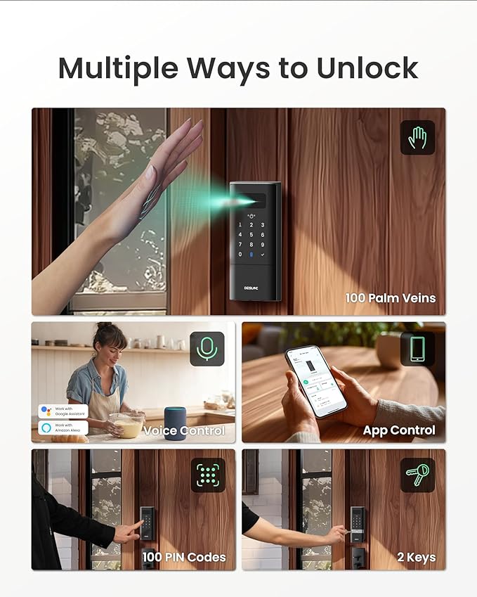 DESLOC Smart Lock K140 Plus with Palm Vein Recognition, Keyless Entry Door Lock with Keypad Deadbolt, App Control, Auto Lock Digital Door Lock for Front Door with Mechanical Key Backup, Black
