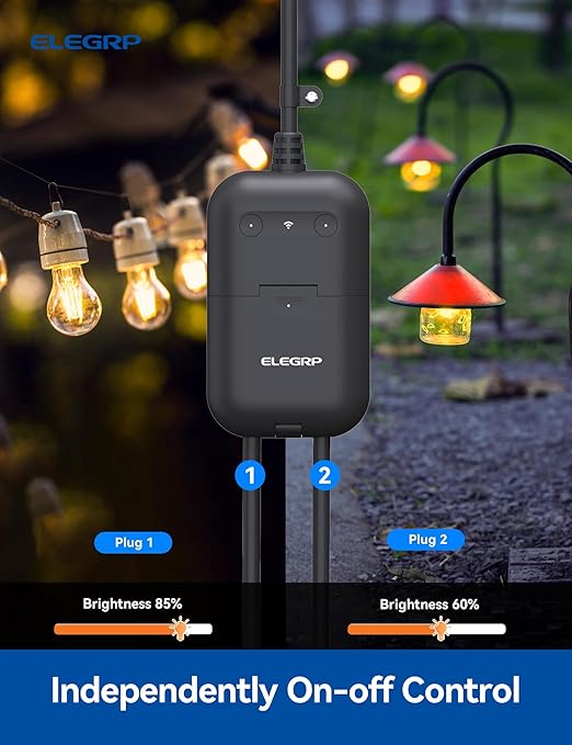 ELEGRP PQR22 Outdoor Smart Dimmer Plug Waterproof IP66, Smart WiFi Plug with 2 Individually Sockets, Compatible with Alexa & Google Assistant, Outdoor Dimmer for String Lights, UL Listed, 2 Pack