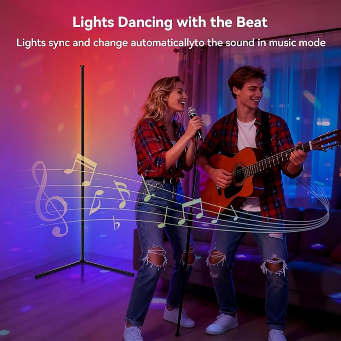 RGB LED Corner Floor Lamp - Smart App & Remote Control, Music Sync Color Changing Ambience Light with 16 Million Hues, Perfect for Bedroom, Living Room & Gaming Room