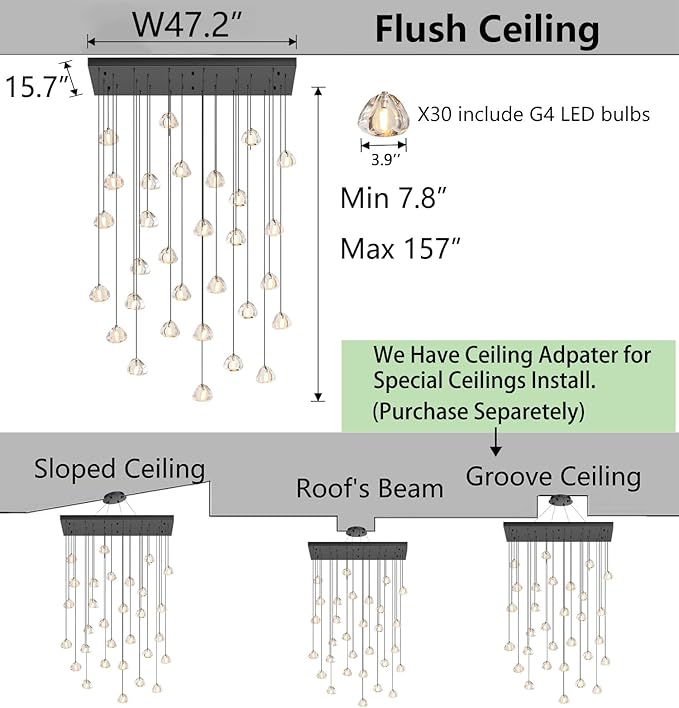 W47.2 x D15.7 x H157 Glam Chandelier Rectangular Chandeliers Bubble Crystal Pendants Light Fixture Dimmable High Ceiling Large Light Black