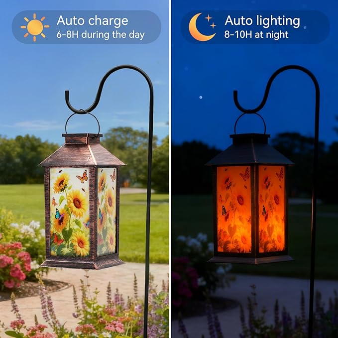 Homemory Hanging Solar Lanterns Outdoor Waterproof, Solar Sunflower Lights with LED Flickering Flameless Candles, Gifts for Women Mom, Outside Lantern Decoration Garden Yard Patio Lawn Porches Park