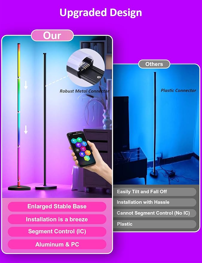 Corner Floor Lamp, 57.5" LED Corner Lamp with APP and Remote Control, 16 Million Colors & Dynamic Modes, Music Sync, Timing Function, Color Changing Ambient Light for Living Room, Bedroom, Gaming