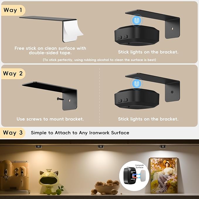 Picture Lights for Wall with Charge Station, 3 Pcs Rechargeable Magnetic Poster Lights with 3 Color Temperatures, Dimmable Timer Painting Wall Decor Light for Art Display, Frame (Black)
