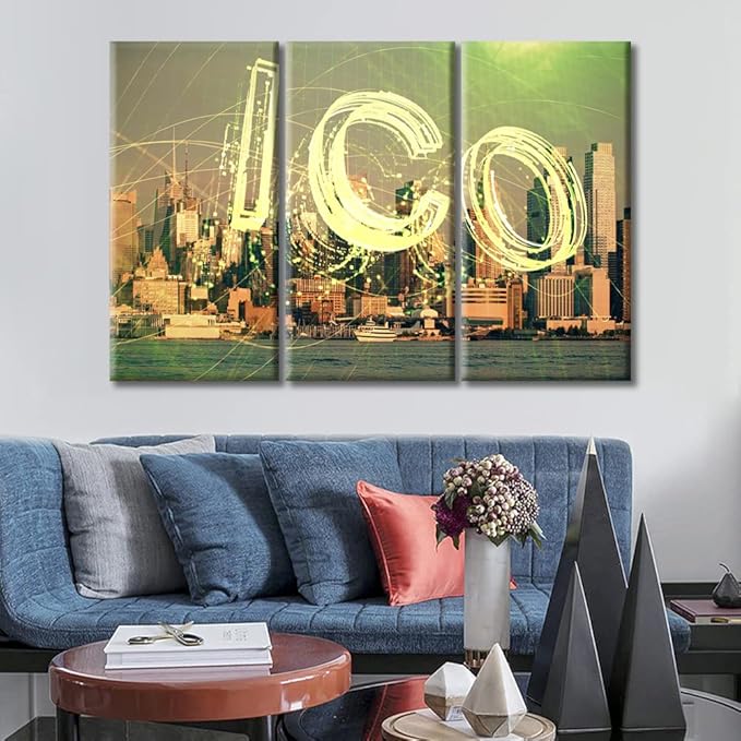 TUMOVO 3 Panel Crypto Currency Paintings Canvas Wall Art Concept of Blockchain and Bitcoin Posters and Prints Pictures Canvas Paintings Wall Decor for Living Room Framed Ready to Hang (36" Wx24 H)