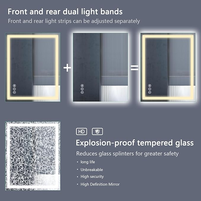 Led Bathroom Mirror with Light 40"x32" Frameless Lighted Vanity Mirror Wall Mount, Fogless, 3 Color Mode, Stepless Dimmable Front Light and Backlit, Smart Touch Sensor, Tempered Glass