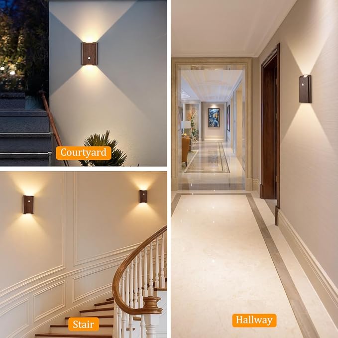 Motion Sensor Wireless Wall Sconce 2Pcs - Rechargeable Magnetic No-Drill, 3 Color Temp Dimmable Wireless Wall Light with Remote&Timer, Step Lights Indoor for Stair Bedroom Closet Hallway, Wood