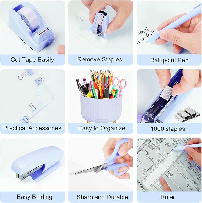 Blue Desk Organizers and Accessories Set with 360-Degree Rotating Pen Holder, Tape Dispenser, Stapler, Staple Remover, 1000 Staples, Tape, Clips Set, Ruler, Scissor, Pen