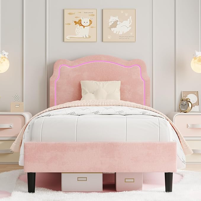 GarveeHome Twin Upholstered Smart LED Bed Frame with Headboard, Velvet Princess Platform Bed Frame for Kids, Wooden Slats Support, No Box Spring Needed (Pink)