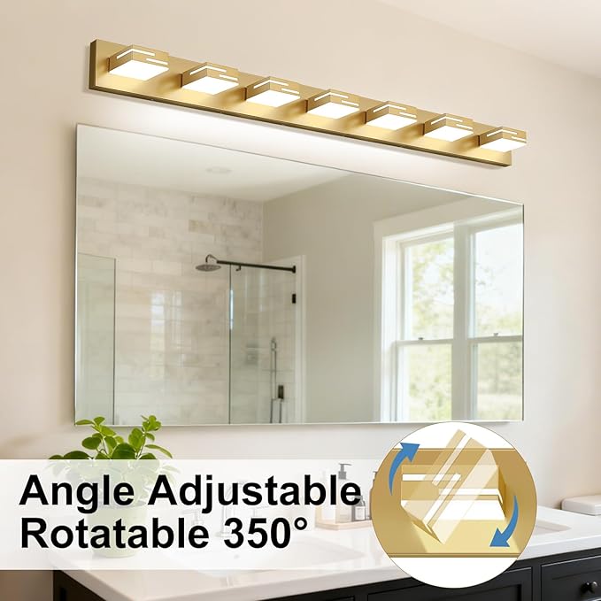 LED Modern Bathroom Vanity Light Fixtures, 7-Light 48-inch Dimmable Gold Vanity Lights for Bathroom Lighting Fixtures Over Mirror, with 350° Rotatable Heads (Cool White 6000K)