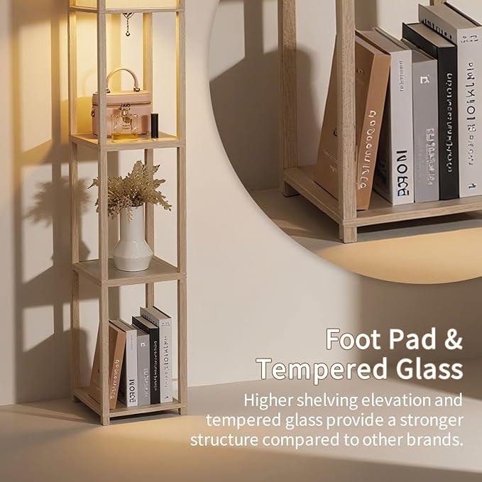 Floor Lamp with Shelves, Modern Square Standing Lamp with Glass Shelves, Corner Display Shelf with Light, Tall Lamp with Shelves for Living Room, Bedroom, Office, Bookshelf, Whitewashed Oak