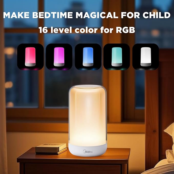 Midea 16 Colors RGB Touch Lamps, 1200mah Rechargeable Night Light, Dimmable Bedside Nursery Lamp, Baby-Safe Material, Portable Hanging Mini Lamp for Bedroom, Travel, Camping Mood Lamp