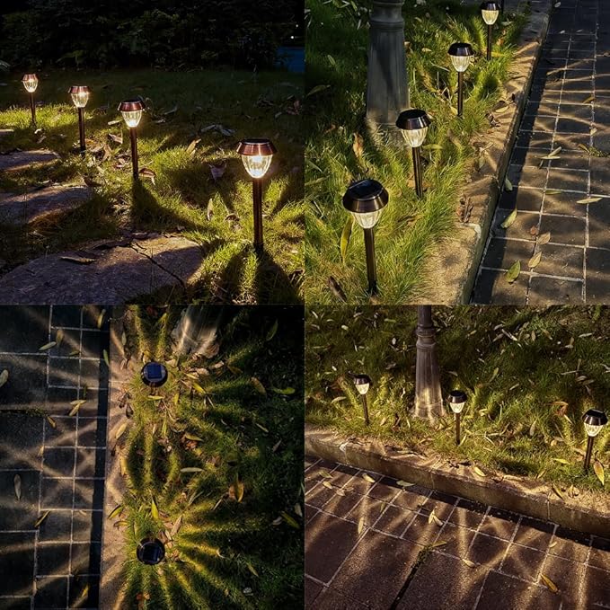 Vintage Solar Lights Outdoor, Glass & Metal Solar Pathway Lights 4 Pack, IP65 Waterproof, Warm White Garden Lights for Walkway, Yard, Patio, Driveway