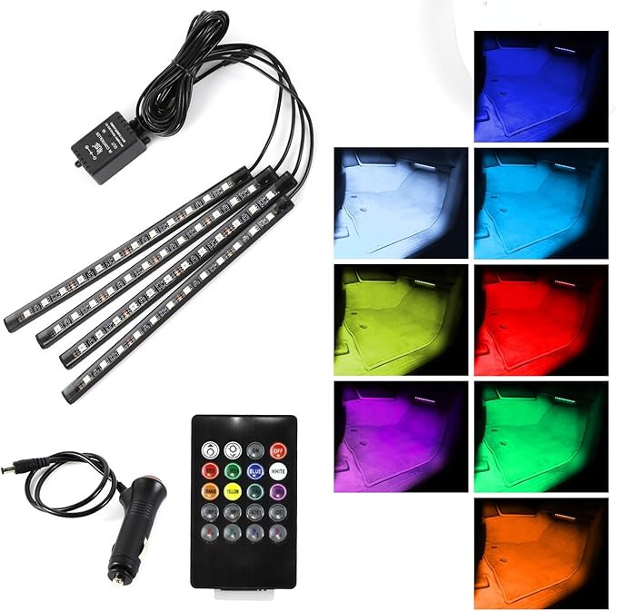 Car Led Interior Lights, 48 LED Multi Color Strip Light Under Dash Lighting Kit with Remote Control, 12V Vehicle RGB Smart Music Sync Color Change Lights (Cigarette Lighter+Remote)