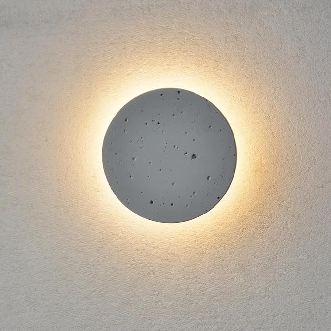 DUHU Led Wall Sconce Round,Grey Cement Wall Lamp Hardwired,Minimalist Wall Mount Light with Sleek Finish Design,Modern Indoor Sconces Lighting for Bedroom,Living Room,Hallway,12w 3000k,Warm White