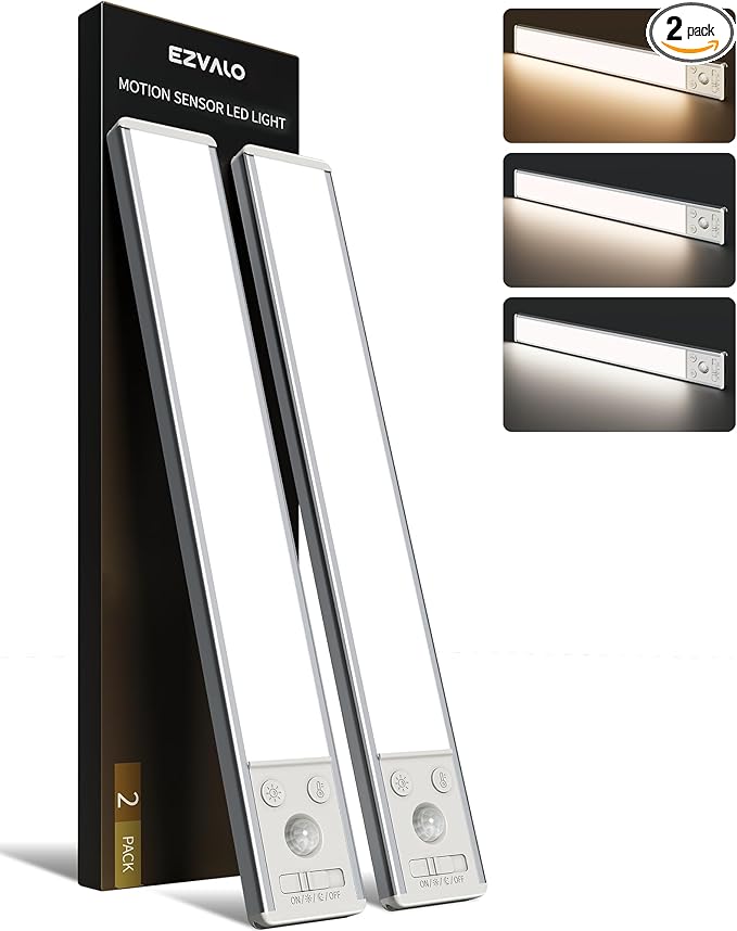 EZVALO Under Cabinet Lighting, 3500mAh Rechargeable Motion Sensor Light Indoor, 3 Color Temps, 5-Level Dimmable Magnetic Wireless Closet Lights for Kitchen, Pantry, Stairs (2 Pack)