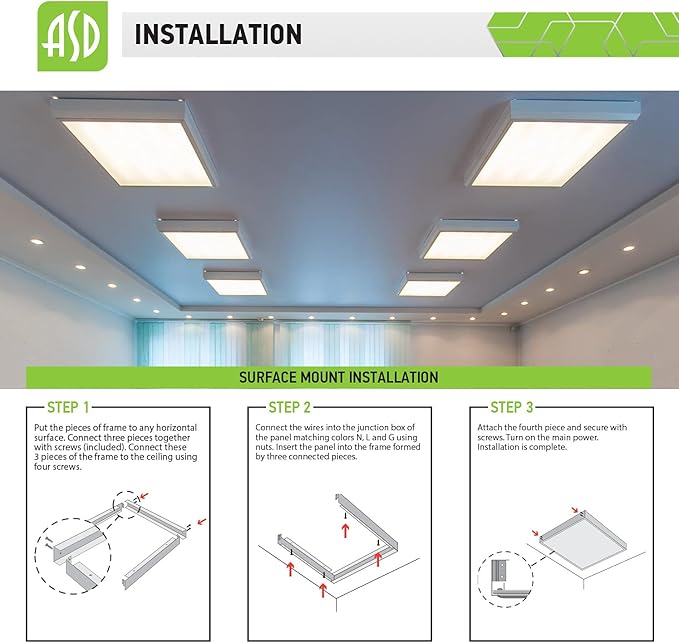 ASD 1x4 Surface Mount Frame for LED Flat Panel Light - Aluminum Surface Mounting Bracket Kit for Drop Ceiling - Low Profile Back-Lit Panels Mount Kit, White