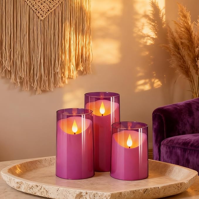 NURADA Flameless Candles: 3D Wick Unbreakable Acrylic Battery Operated LED Pillar Candles - Battery Candles with Remote and Timer for Table Wedding Centerpieces Party Decor 3 Pack Purple