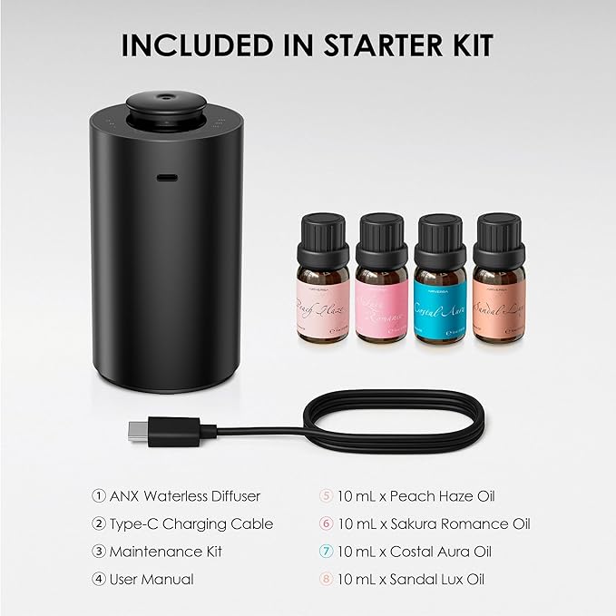 Airversa Waterless Essential Oil Diffuser Starter Kit with 4 x 10mL Fragrance Scent Oil, Battery Operated Mini Scent Air Machine Portable Diffuser for Home Car Office, ANX Black Kit-A