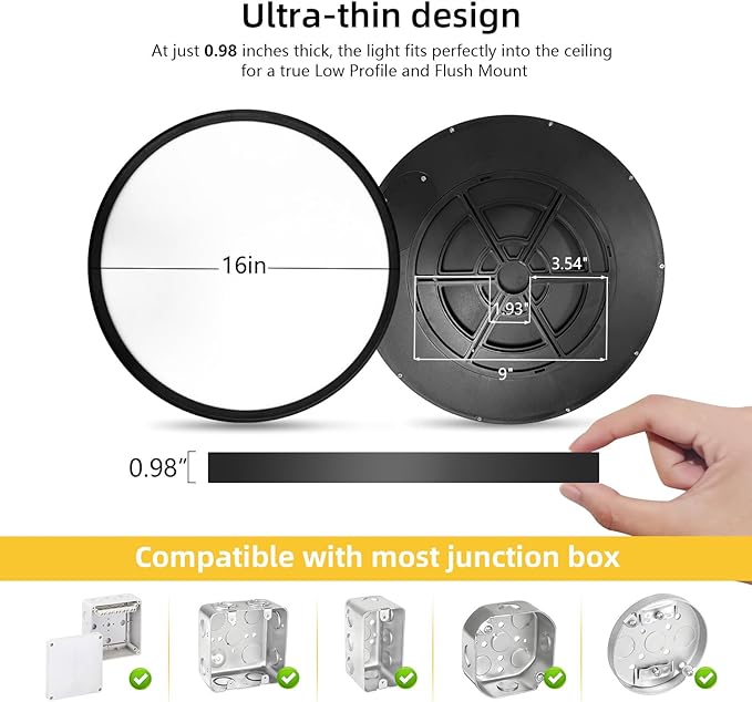 Led Flush Mount Ceiling Light,16 Inch 32w 3480lm,3000k/4000k/6000k 3CCT Selectable, Round Modern Flat Panel Super Slim Led Ceiling Light,for Living Dining Kitchen Bedroom Room (2Pack-Black)