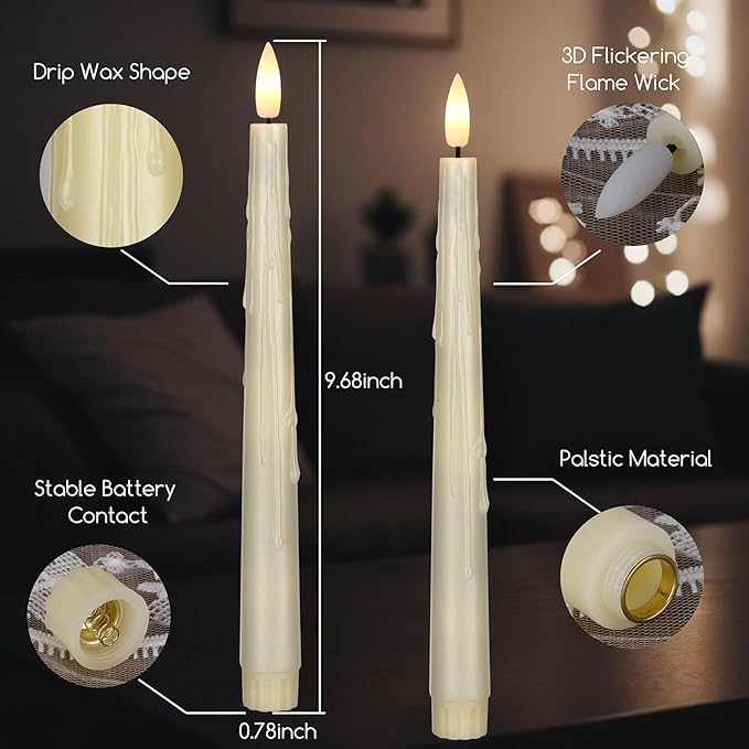 Ivory Flameless Taper Candles with Remote and Timer, 9.68" Battery Operated Candle with Flickering Flame, Led Flameless Candlesticks for Christmas Tables, Weddings & Dining Table Centerpieces, 2 Pack