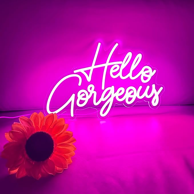 Hello Gorgeous LED Neon Sign Glow Night Light Neon Wall Birthday Party Wedding Bar Club Pink Background Decoration Dimmable Switch Daughter Women Mom Girl Gift USB Powered 5V