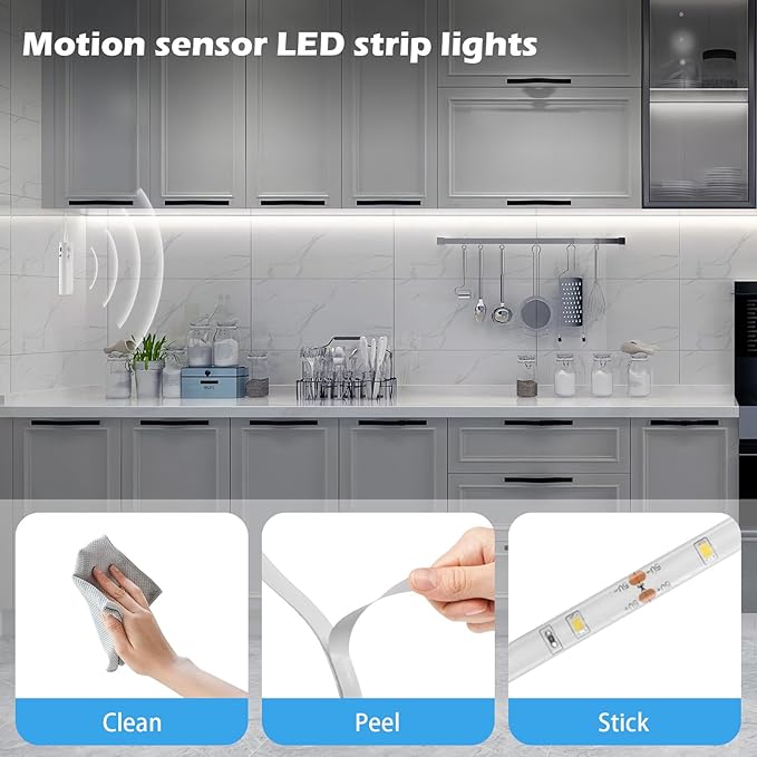 Rechargeable LED Strip Lights for Cabinets - LUXJET 2M Cool White Motion Sensor led Strip Lights for Bedroom, Kitchen, Under Cabinet, TV, Stairs, Door Frame